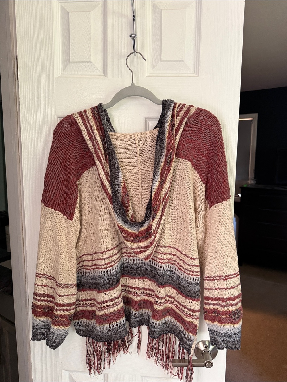 Free People Striped Fringe Knit Hoodie in Cream, Rust & Gray - Picture 2 of 4